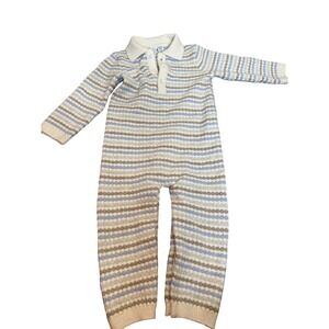 Janie And Jack Romper Baby Boys 18-24 Months Blue Stripe Polo Collar Zip Leg